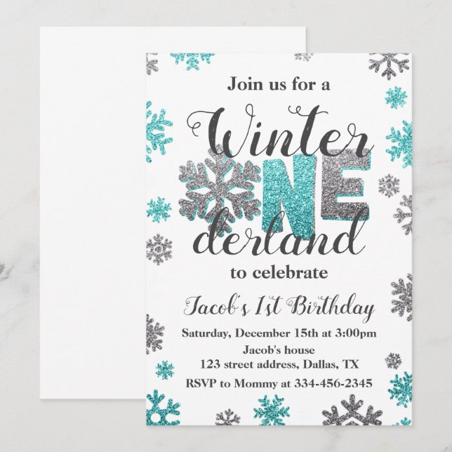 Boy Winter ONEderland Geburtstag Einladung Glitzer (Vorne/Hinten)