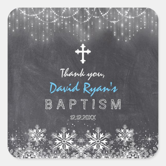 Boy Winter String Lights Schneeflocken Chalk Taufe Quadratischer Aufkleber (Vorderseite)