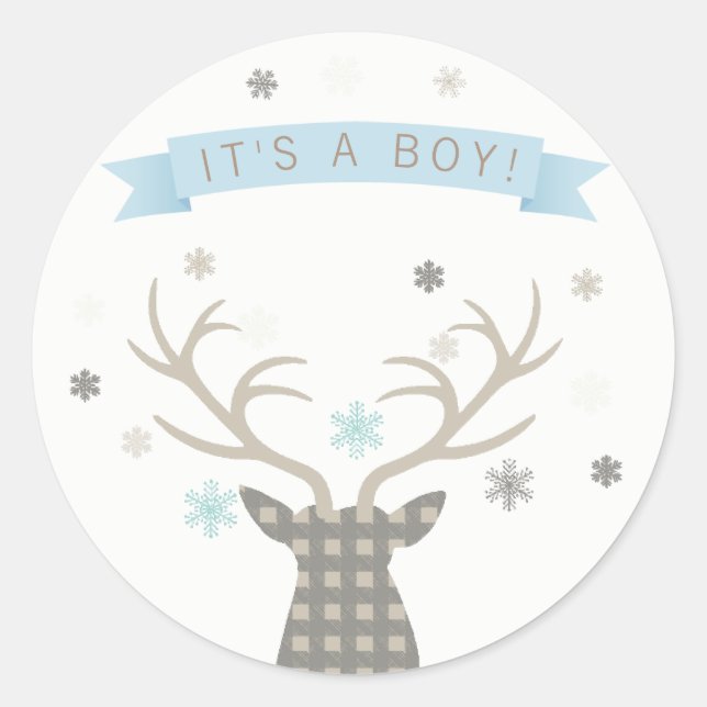 Boy Winter Wonderland Woodland Deer Baby Dusche Runder Aufkleber (Vorderseite)