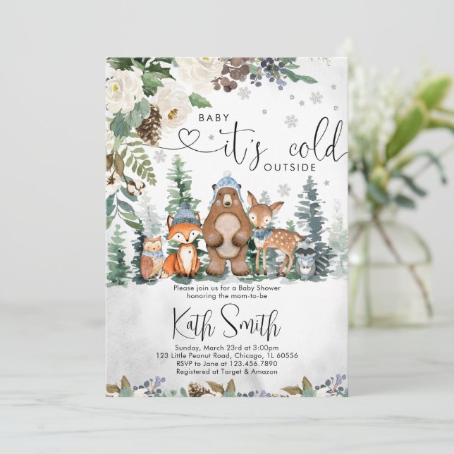 Boy Winter Woodland Kinderdusche Einladung (Stehend Vorderseite)