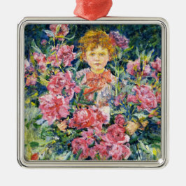 Boy With Red Peony Blume (von Robert Reid) Ornament Aus Metall