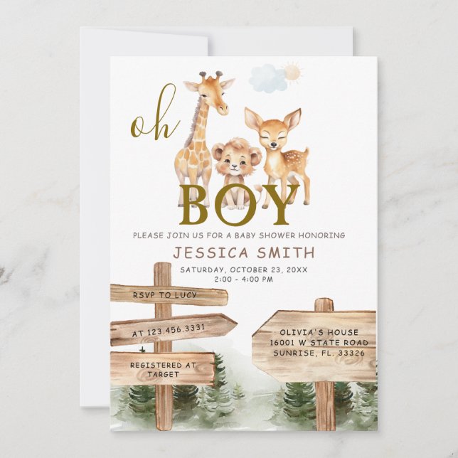 Boy Wood Forest Safari Tiere Kinderdusche Einladung (Vorderseite)