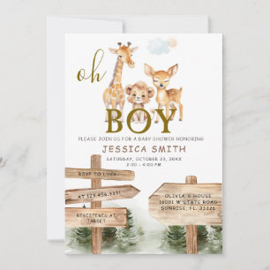 Boy Wood Forest Safari Tiere Kinderdusche Einladung
