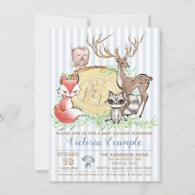 Boy Woodland Animal Baby Dusche Einladung (Vorderseite)