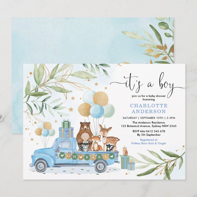Boy Woodland Animal Blue Gold Greenery Baby Dusche Einladung (Vorne/Hinten)