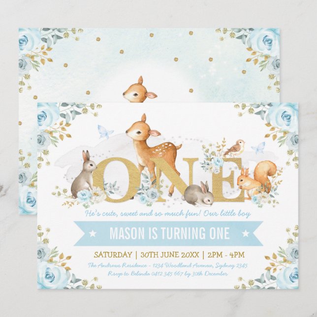Boy Woodland Animals Blue Gold Floral 1. Geburtsta Einladung (Vorne/Hinten)
