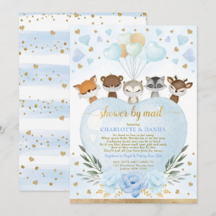 Boy Woodland Baby Dusche von Mail Blue Gold Herzen Einladung