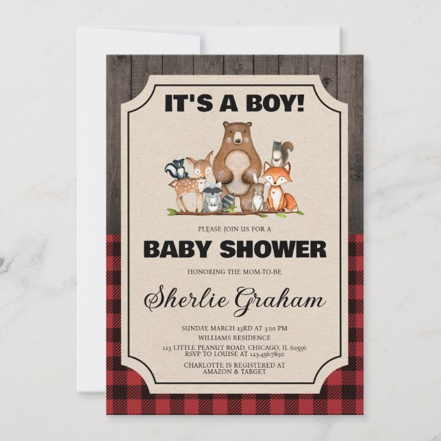 Boy Woodland Lumberjack Baby Dusche Einladung (Vorderseite)