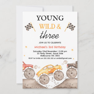 Boy Yellow Monster Truck Young Wild Three Birthday Einladung