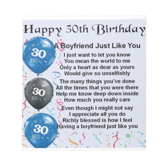 Boyfriend Gedicht 30. Geburtstag Notizblock (Vorderseite)