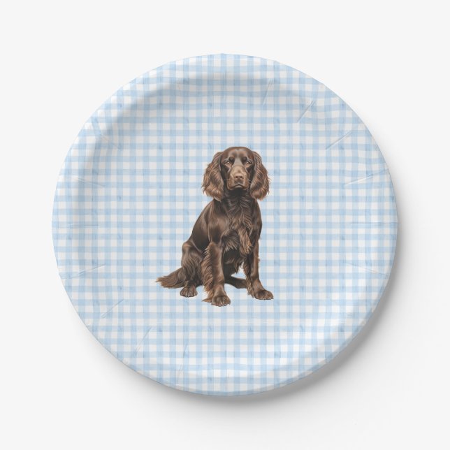 Boykin Party Plate, Dog Party, Blue Gingham  Pappteller (Vorderseite)