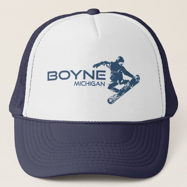 Boyne Mountain Resort Michigan Snowboarder Truckerkappe (Vorderseite)