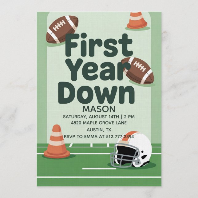 Boy's 1st Birthday First Year Down - Football Bday Einladung (Vorderseite)