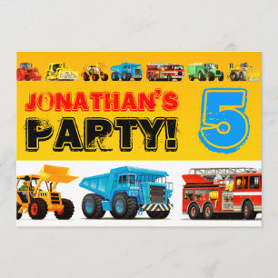 Boys 5th Birthday Big Construction Truck Party Einladung