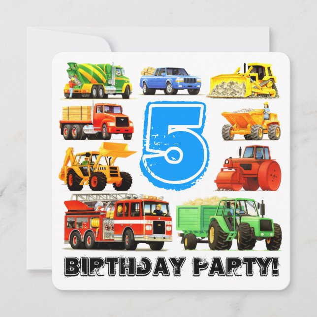 Boys 5th Birthday Construction Truck Party Einladung (Vorderseite)