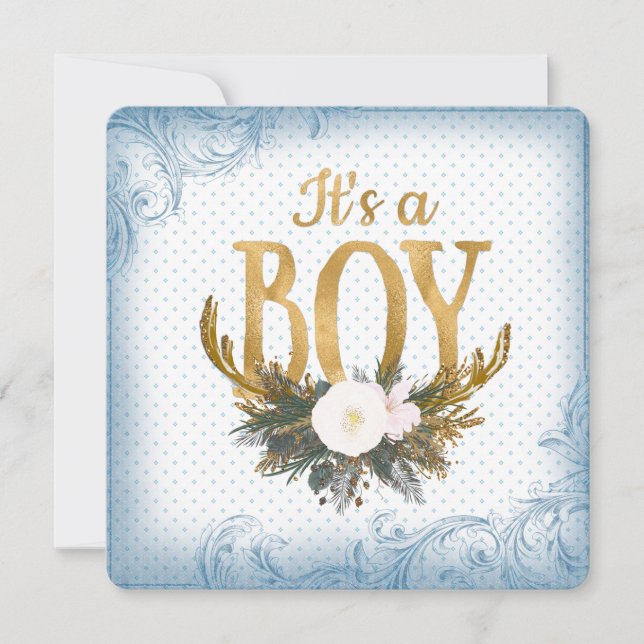 Boys Antler Baby Dusche Blau und Gold Einladung (Vorderseite)