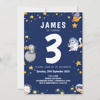 Boys Astronaut Cat Navy Kindergeburtstag Einladung