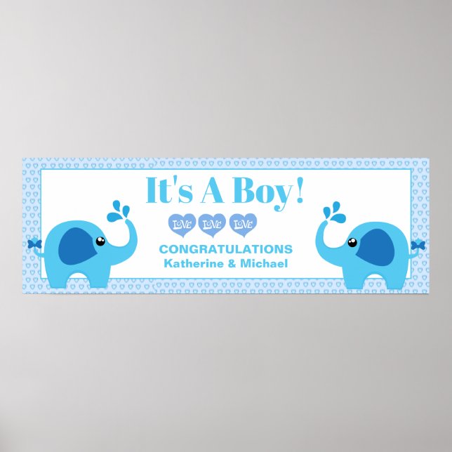 Boys Baby Shower Blue Elephant Party Banner Poster (Vorne)