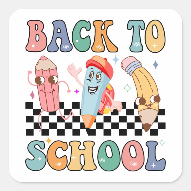Boys Back to School Pencils Retro Charakter Niedli Quadratischer Aufkleber (Vorderseite)