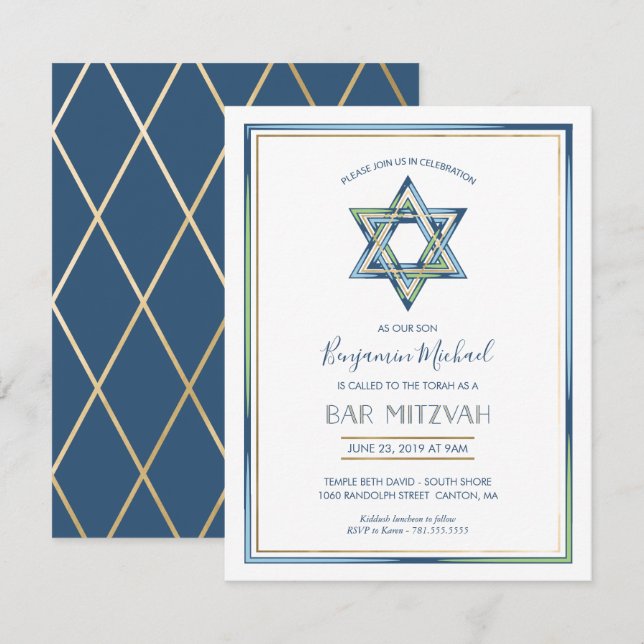Boys Bar Mitzvah-Einladung; Star von David, Gold Einladung (Vorne/Hinten)