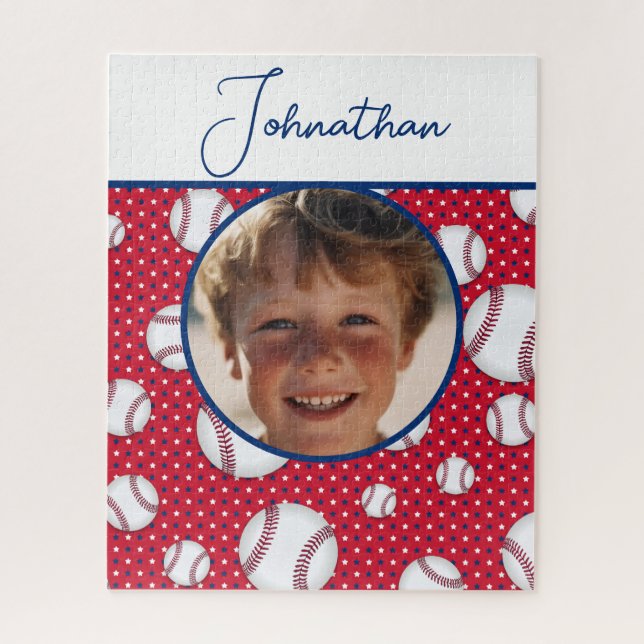 Boys Baseball Red White Blue Custom Foto mit/ Name (Vertikal)