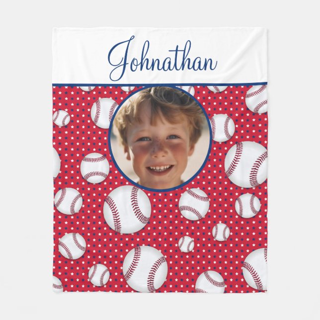 Boys Baseball Red White Blue Custom Foto mit/ Name Fleecedecke (Vorderseite)
