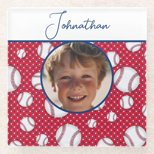 Boys Baseball Red White Blue Custom Foto mit/ Name Glasuntersetzer (Vorderseite)