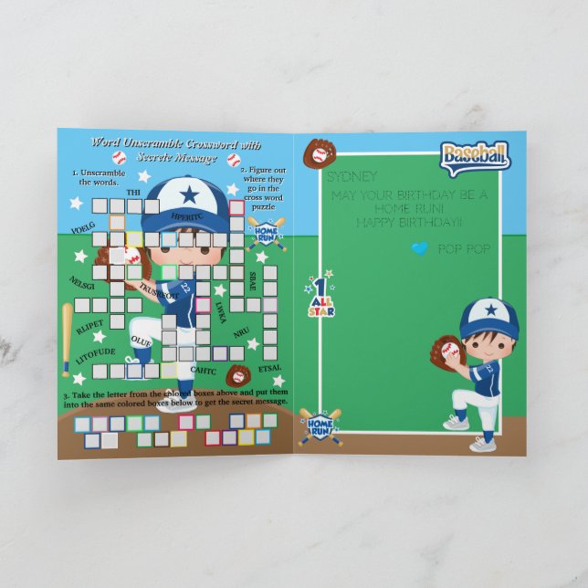 Boys Baseball Secret Message Happy Birthday Karte (Innenseite)