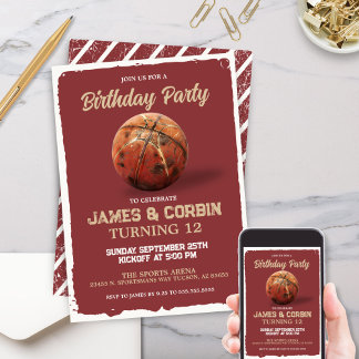 Boys Basketball Rotes Thema Double Birthday Party Einladung