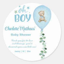 Boys Bear Blue Balloon Eucalyptus Baby Dusche Runder Aufkleber