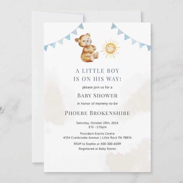 Boys Bear und Sunshine Watercolor Babydusche Einladung (Vorderseite)