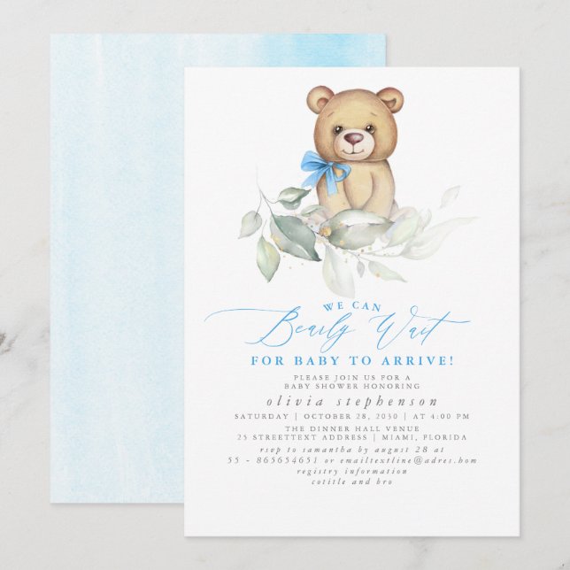 Boy's Bear Watercolor Greenery Baby Dusche Einladung (Vorne/Hinten)