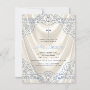 Boys Beige Elfenbein und Blaue Taufe Christening Einladung