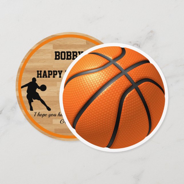 Boys Birthday Basketball Ajouter le nom Carte rond (Devant / Derrière)