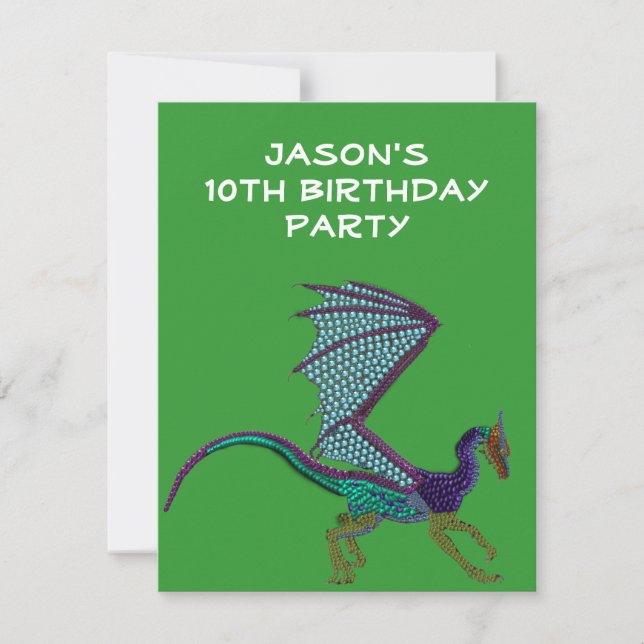 Boys Birthday Beaded Dragon Green Einladung (Vorderseite)