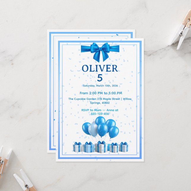 Boys Birthday Invitation - Gift Boxes & Confetti Einladung (Vorderseite/Rückseite Beispiel)