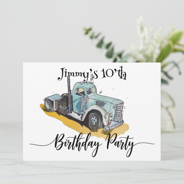 Boys Birthday Party Blue Semi Truck Einladung (Stehend Vorderseite)