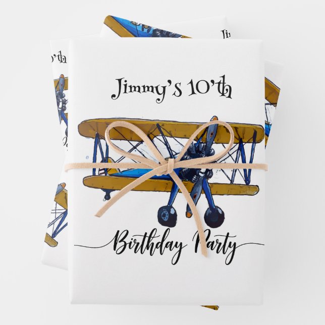 Boys birthday party with blue and yellow biplane geschenkpapier set (Beispiel)