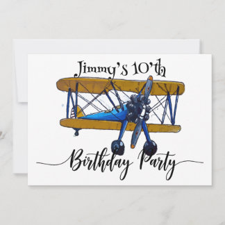 Boys birthday party with yellow and blue biplane einladung