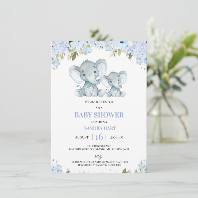 Boys blau Blütenlephand und Calf Baby Dusche Einladung (Stehend Vorderseite)