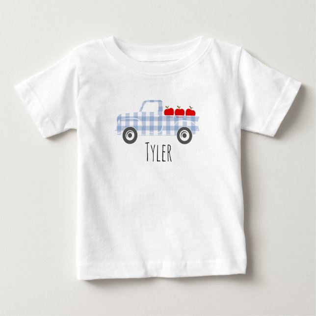 Boys Blauer Karierter LKW mit Äpfeln Personalisier Baby T-shirt (Vorderseite)