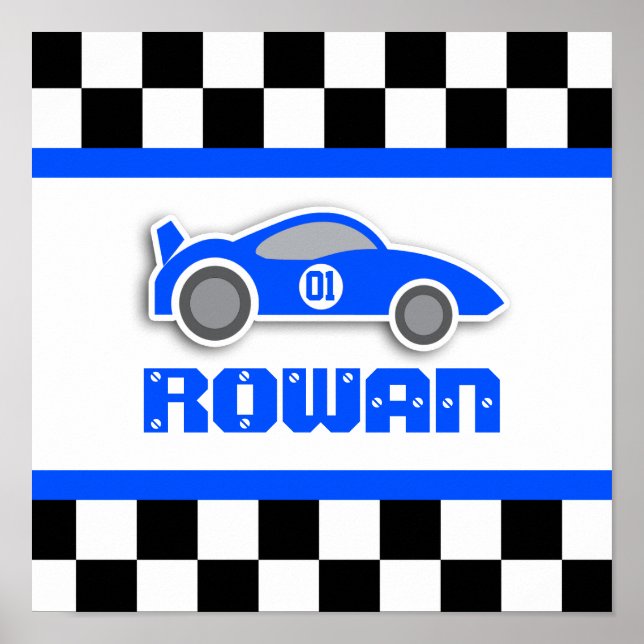 Boys blauer Rennwagen personalisiertes Poster (Vorne)