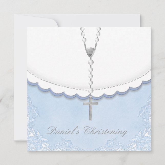Boys Bleu et gris Christening Invitations (Devant)