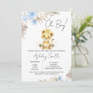 Boys Blue Boho Floral Lion Baby Dusche Einladung