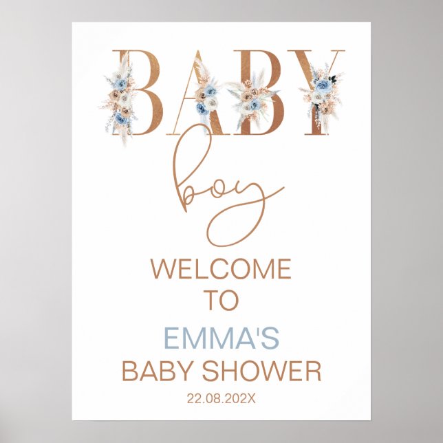 Boys Blue Boho Floral Word Baby Dusche Willkommen Poster (Vorne)