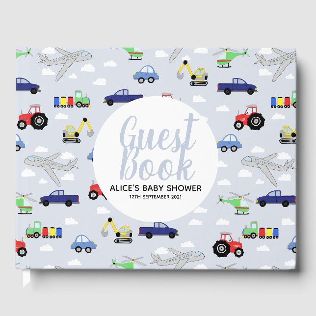 Boys Blue Car Transport Muster Babydusche Gästebuch (Vorderseite)