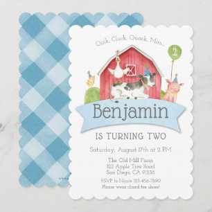 Boys Blue Check Farm Anniversaire Fête Invitation