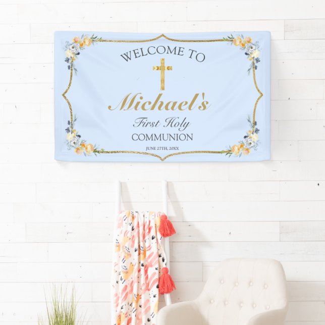 Boys Blue Floral 1. Heilige Kommune Willkommen Banner (Insitu)