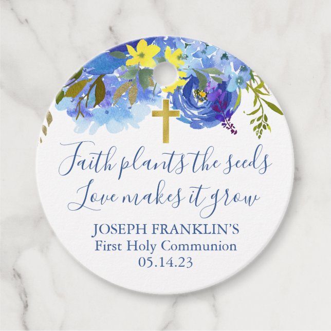 Boys Blue Floral Faith Pflanze die Samen Kommunion Geschenkanhänger (Vorderseite)
