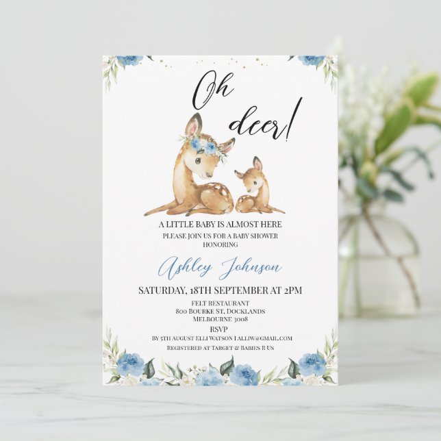 Boys Blue Floral Oh Deer Baby Dusche Einladung (Stehend Vorderseite)